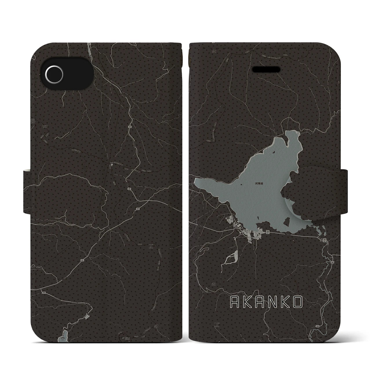 【阿寒湖(北海道)】地図柄iPhoneケース(手帳タイプ)モノトーン・iPhone SE(第3 / 第2世代) / 8 / 7 / 6s / 6 用
