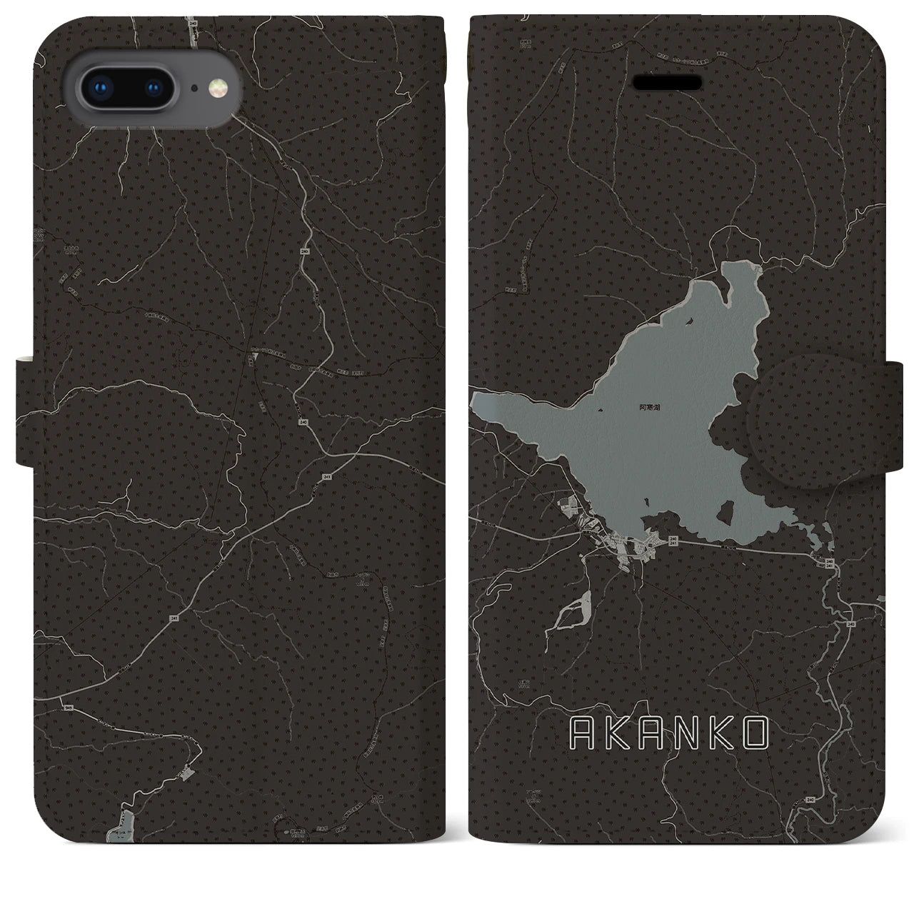 【阿寒湖(北海道)】地図柄iPhoneケース(手帳タイプ)モノトーン・iPhone 8Plus /7Plus / 6sPlus / 6Plus 用
