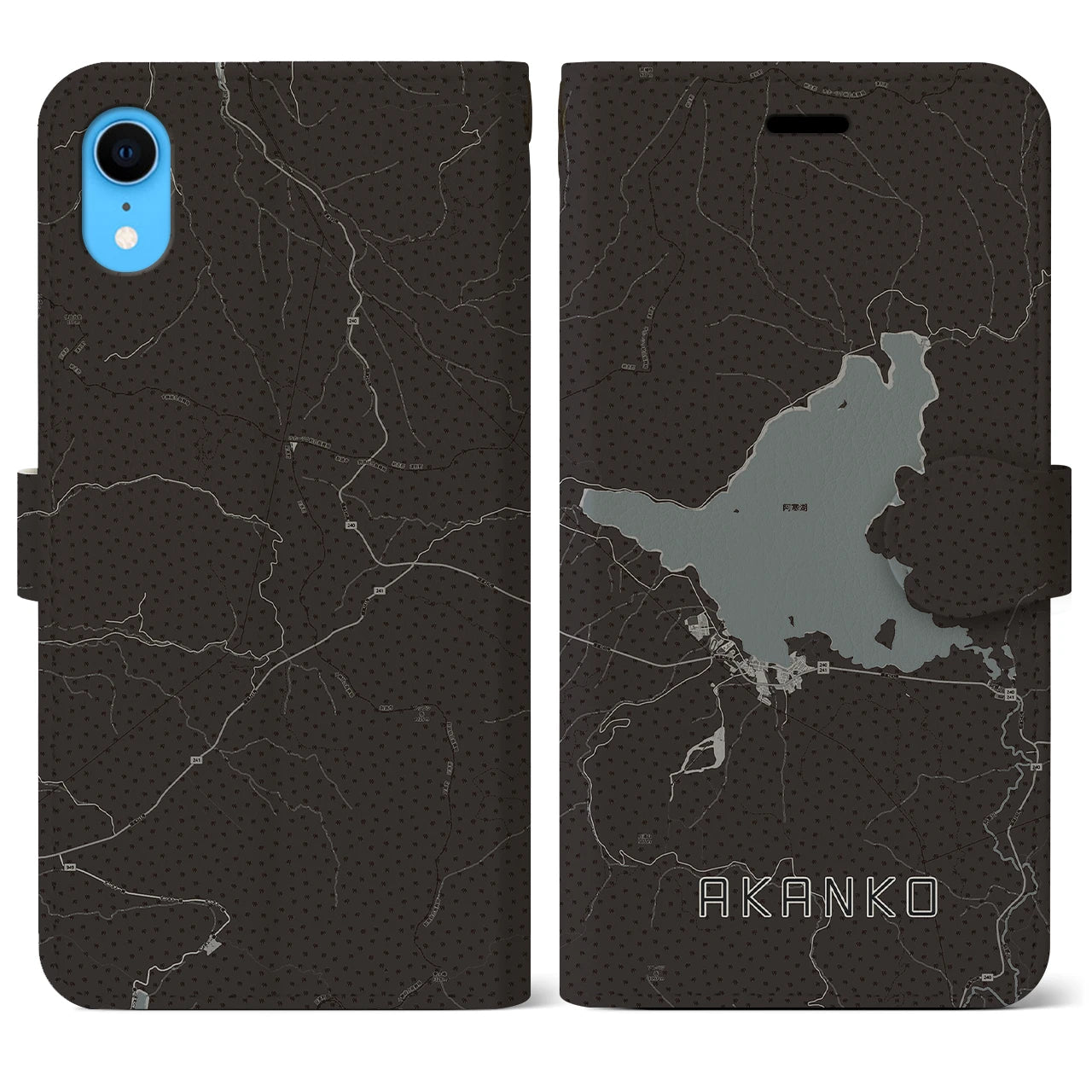 【阿寒湖(北海道)】地図柄iPhoneケース(手帳タイプ)モノトーン・iPhone XR 用