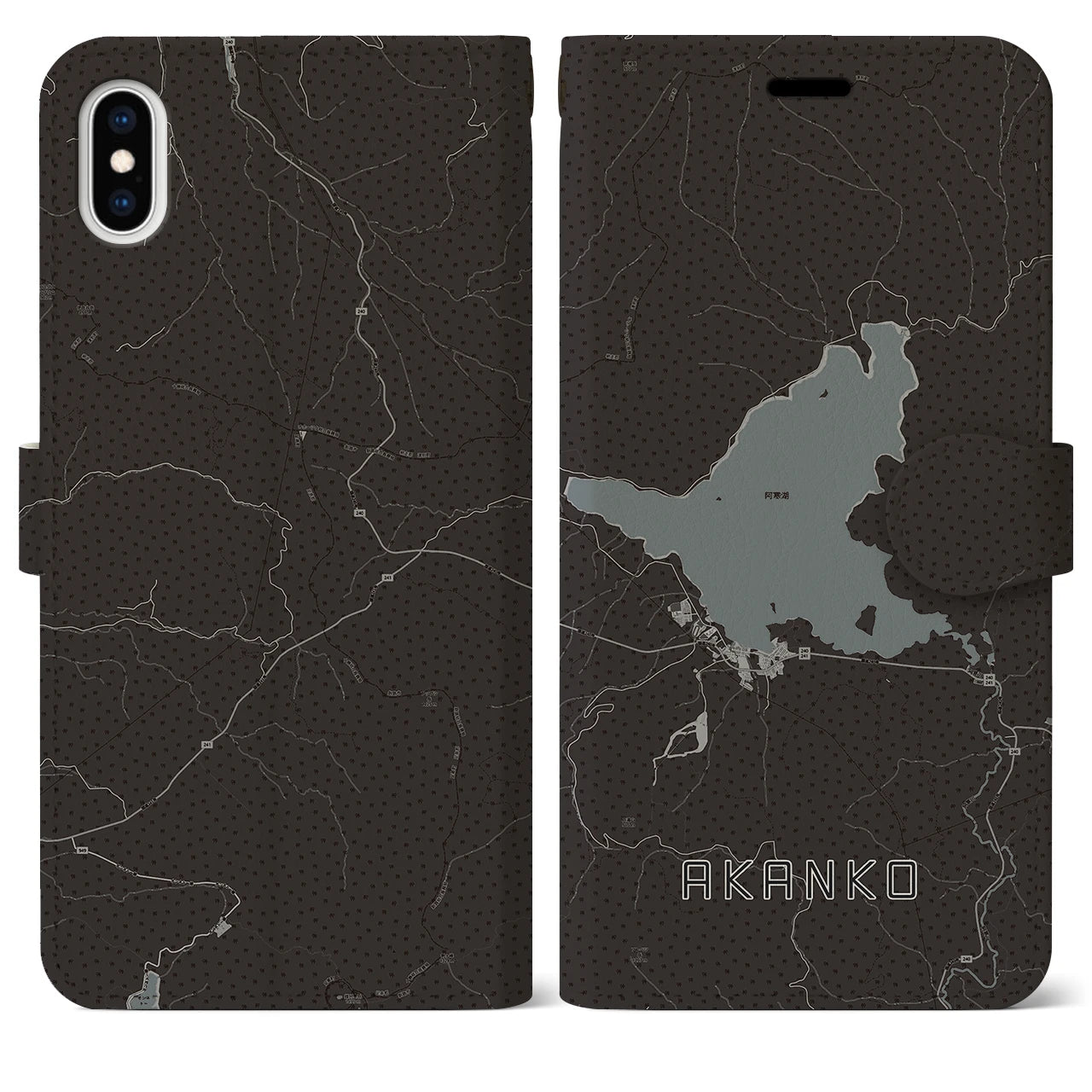 【阿寒湖(北海道)】地図柄iPhoneケース(手帳タイプ)モノトーン・iPhone XS Max 用