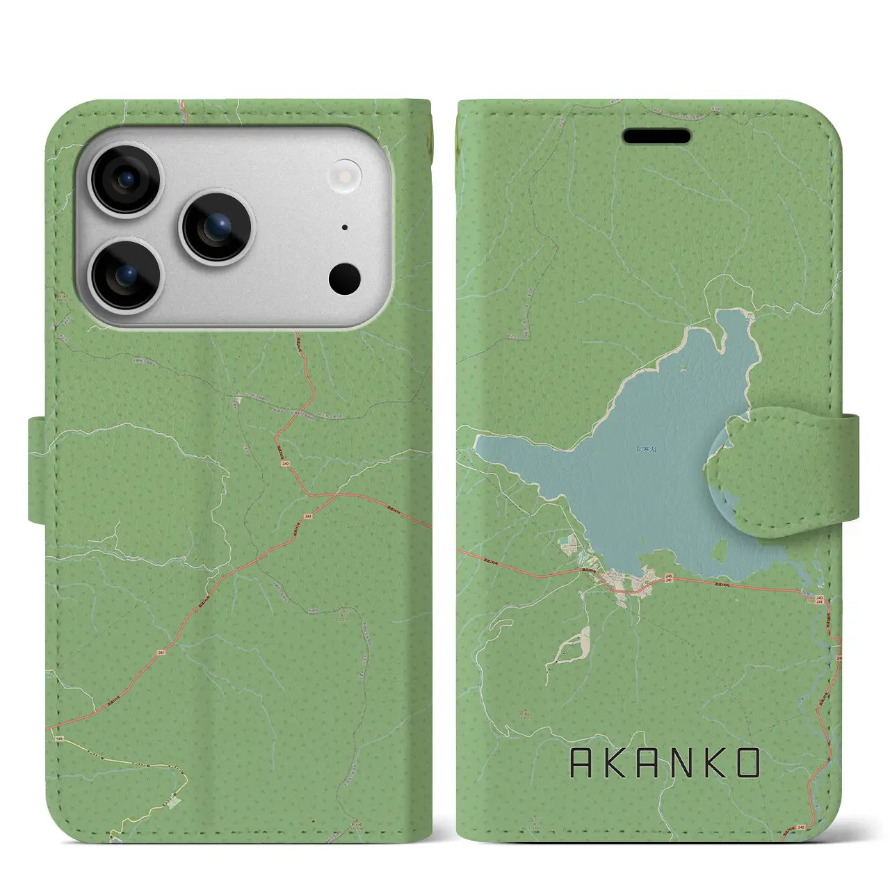 【阿寒湖(北海道)】地図柄iPhoneケース(手帳タイプ)ナチュラル・iPhone 17 Pro Max 用