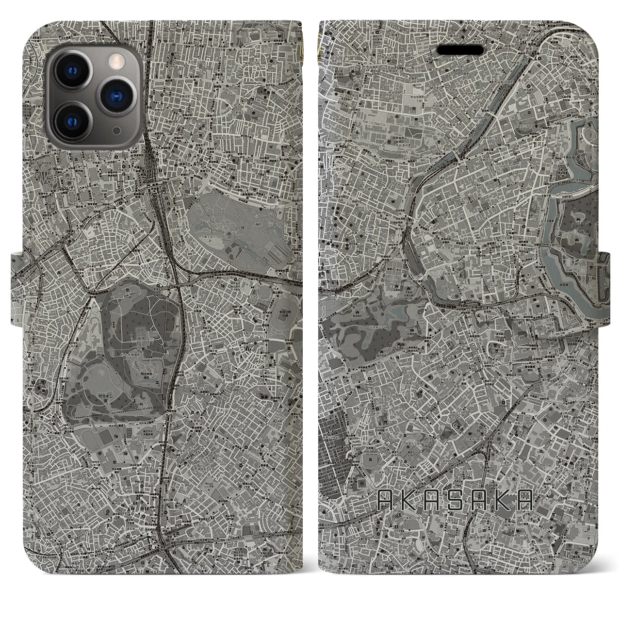 【赤坂(東京都)】地図柄iPhoneケース(手帳タイプ)モノトーン・iPhone 11 Pro Max 用