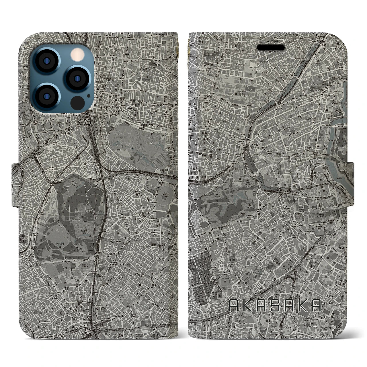 【赤坂(東京都)】地図柄iPhoneケース(手帳タイプ)モノトーン・iPhone 12 / 12 Pro 用