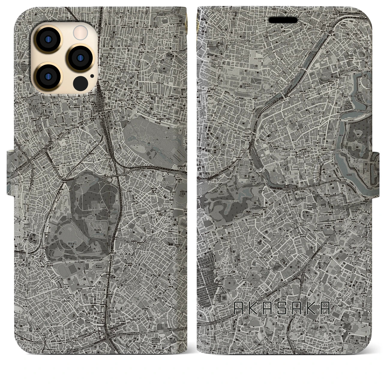 【赤坂(東京都)】地図柄iPhoneケース(手帳タイプ)モノトーン・iPhone 12 Pro Max 用