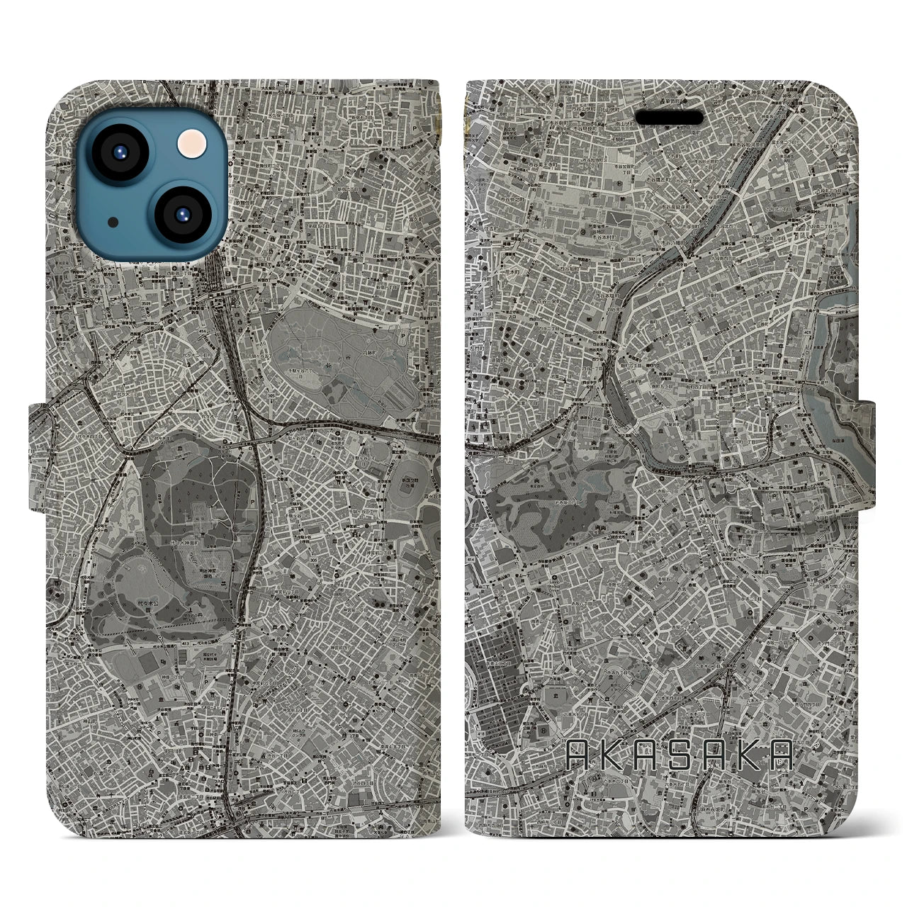 【赤坂(東京都)】地図柄iPhoneケース(手帳タイプ)モノトーン・iPhone 13 用