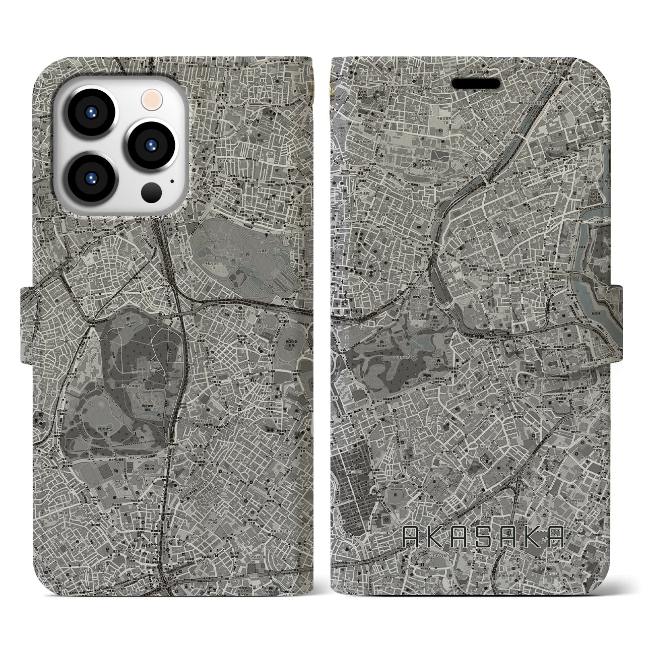 【赤坂(東京都)】地図柄iPhoneケース(手帳タイプ)モノトーン・iPhone 13 Pro 用