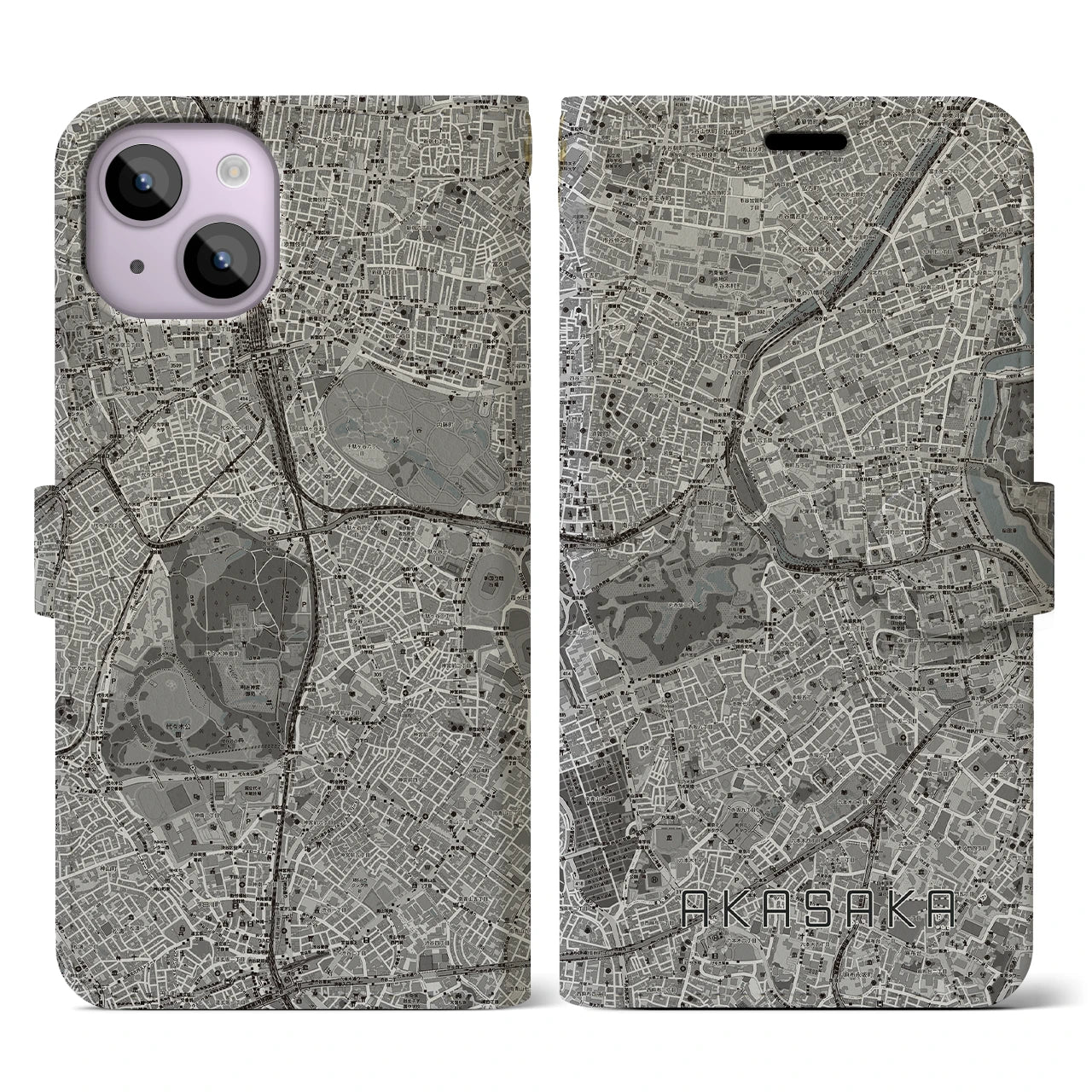 【赤坂(東京都)】地図柄iPhoneケース(手帳タイプ)モノトーン・iPhone 14 用