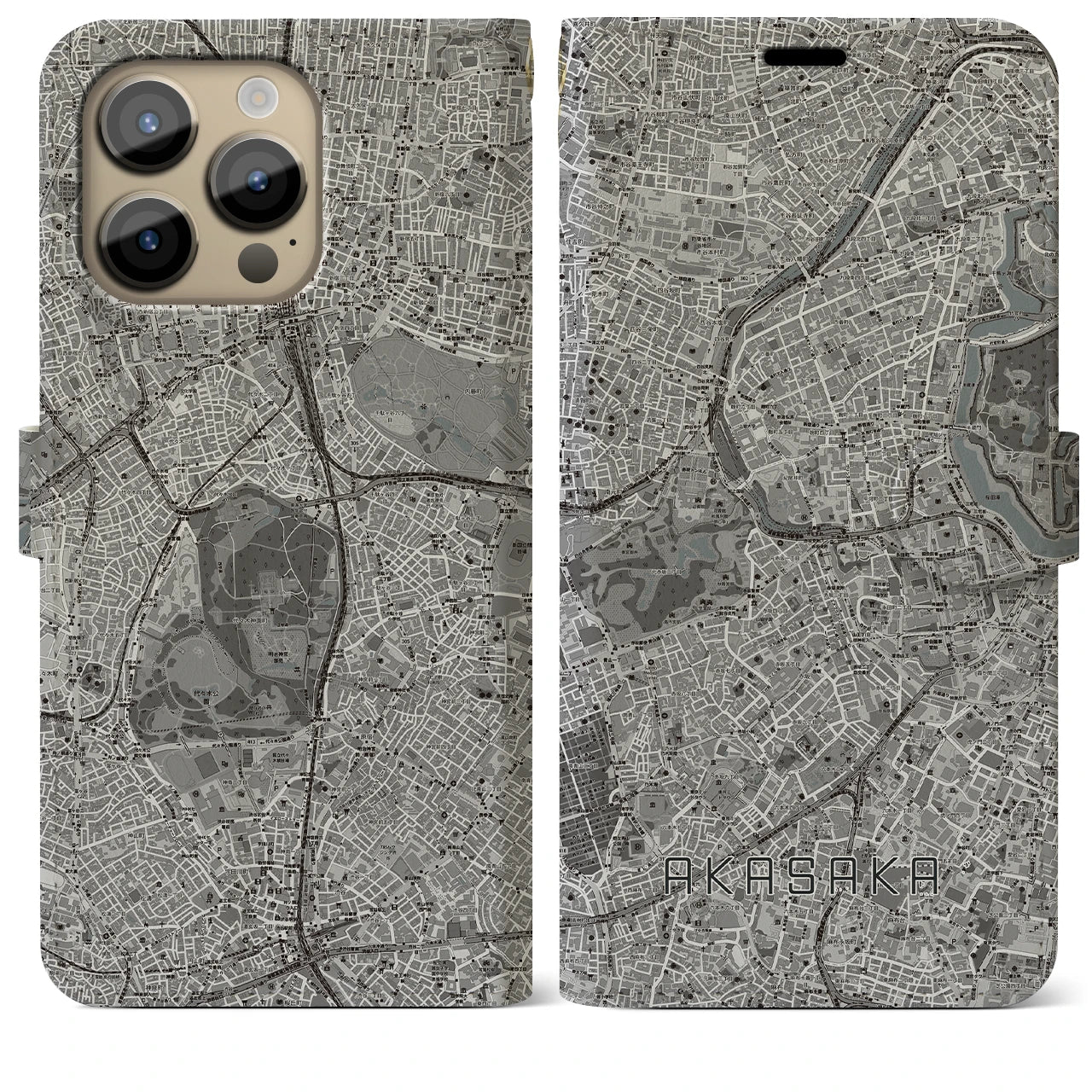 【赤坂(東京都)】地図柄iPhoneケース(手帳タイプ)モノトーン・iPhone 14 Pro Max 用