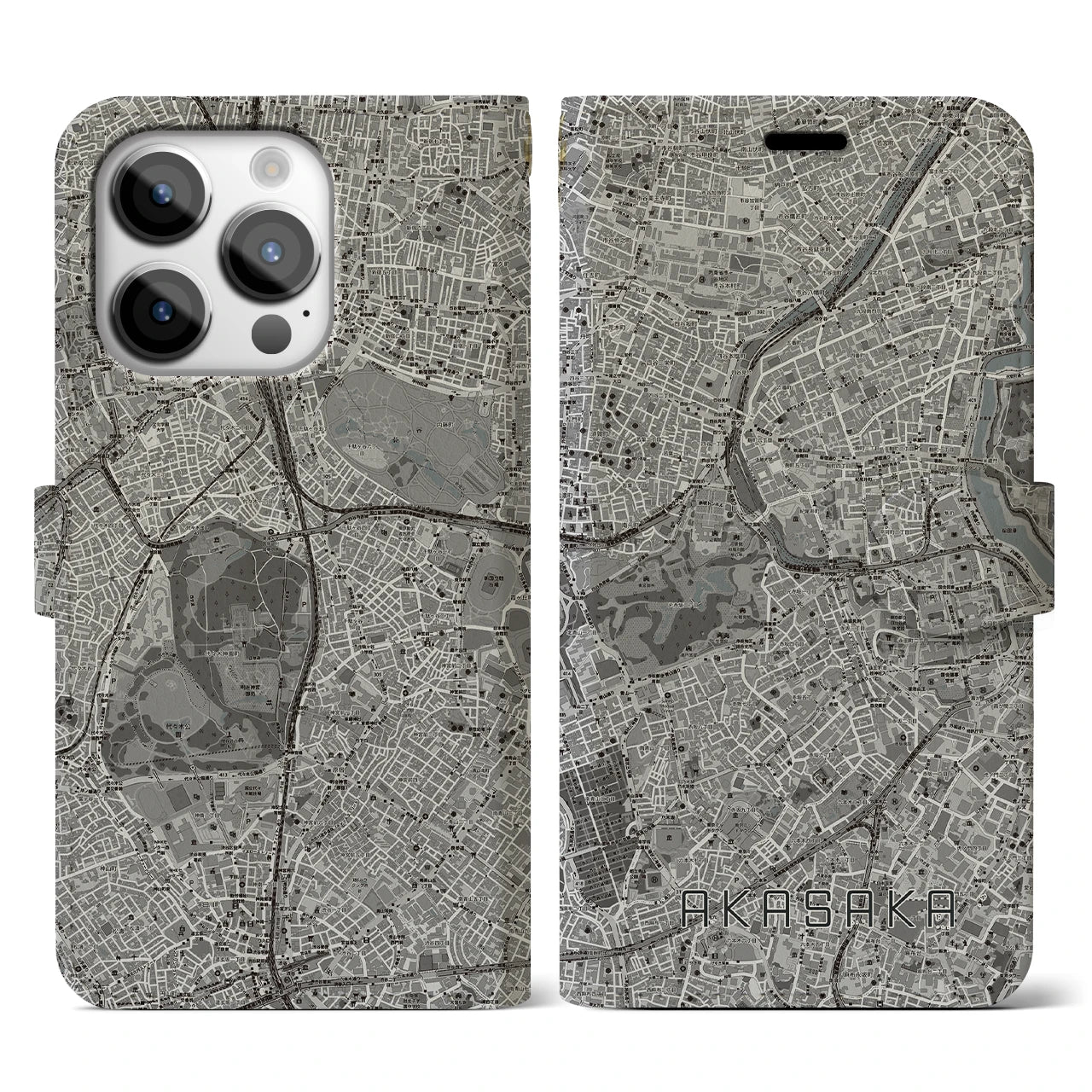 【赤坂(東京都)】地図柄iPhoneケース(手帳タイプ)モノトーン・iPhone 14 Pro 用