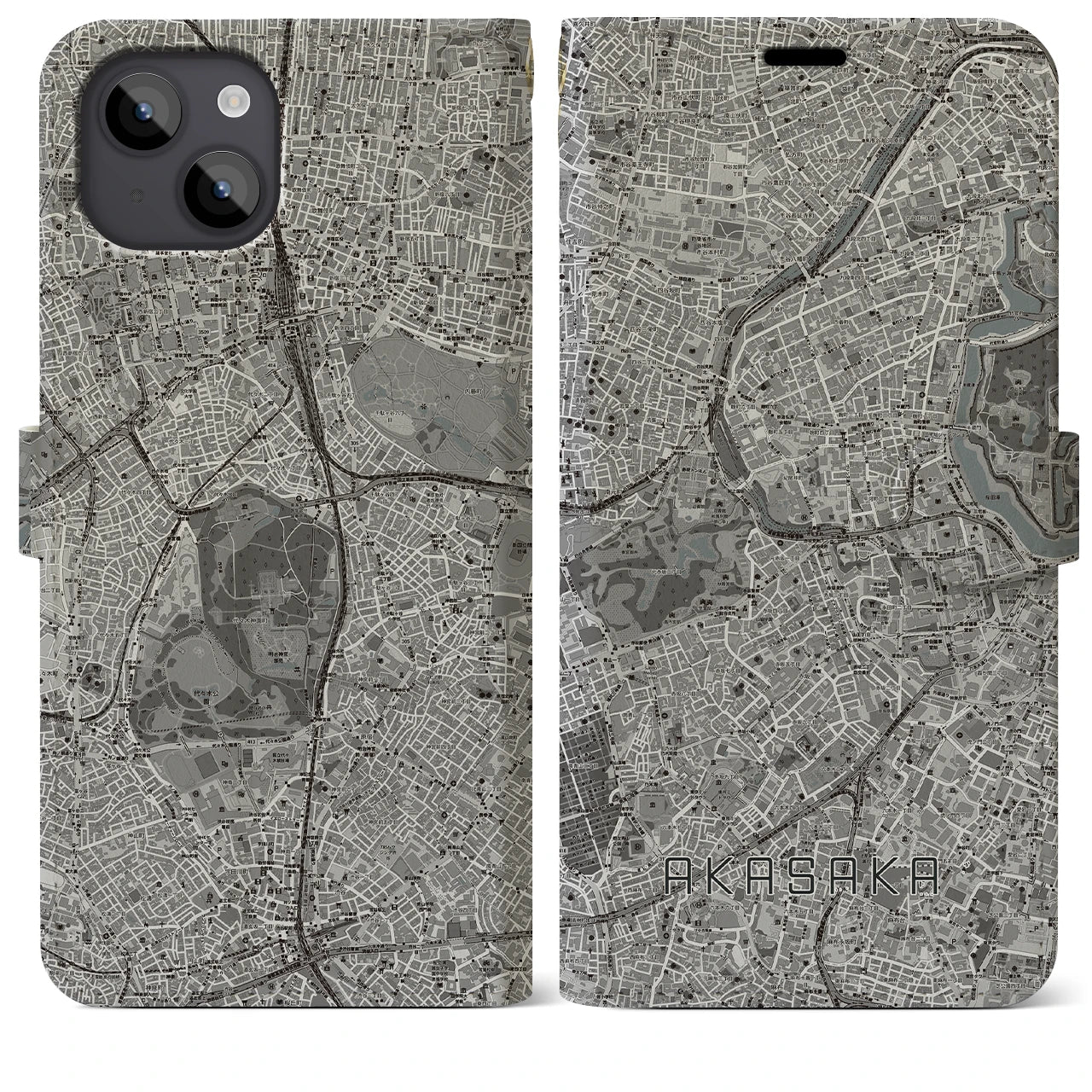 【赤坂(東京都)】地図柄iPhoneケース(手帳タイプ)モノトーン・iPhone 14 Plus 用