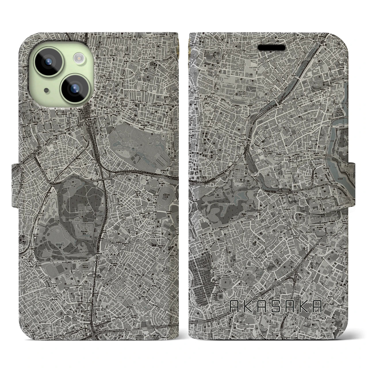 【赤坂(東京都)】地図柄iPhoneケース(手帳タイプ)モノトーン・iPhone 15 用