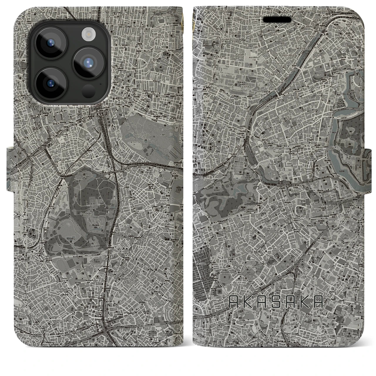 【赤坂(東京都)】地図柄iPhoneケース(手帳タイプ)モノトーン・iPhone 15 Pro Max 用