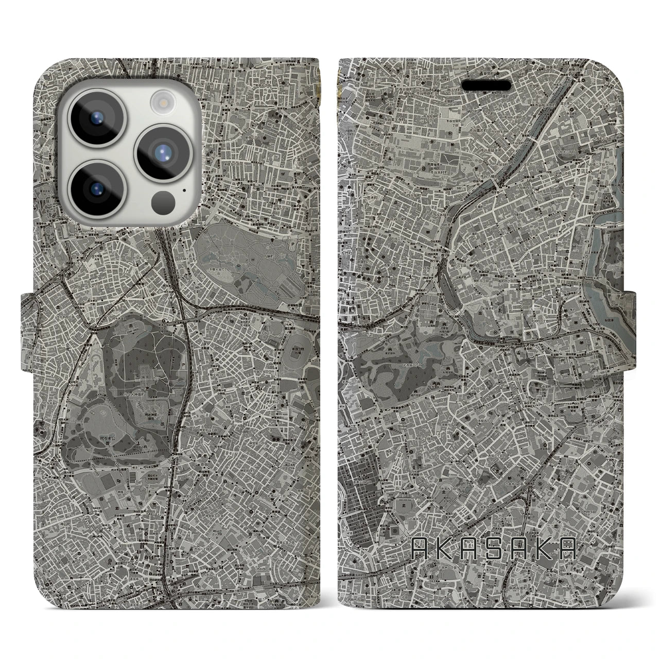 【赤坂(東京都)】地図柄iPhoneケース(手帳タイプ)モノトーン・iPhone 15 Pro 用