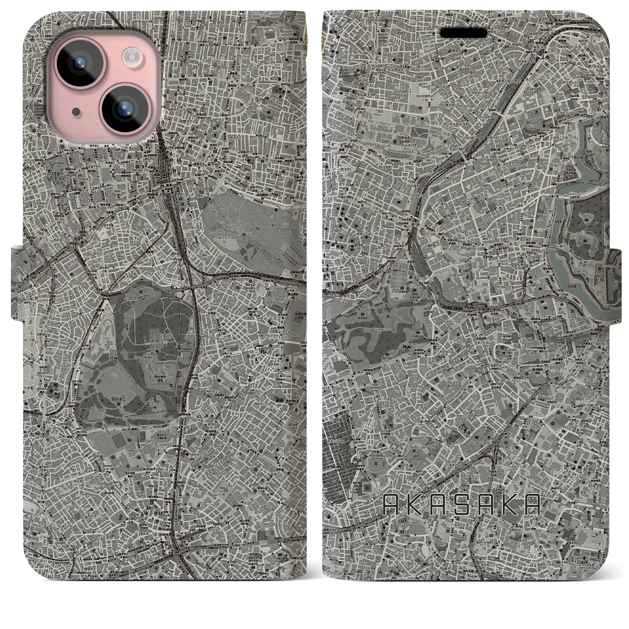 【赤坂(東京都)】地図柄iPhoneケース(手帳タイプ)モノトーン・iPhone 15 Plus 用
