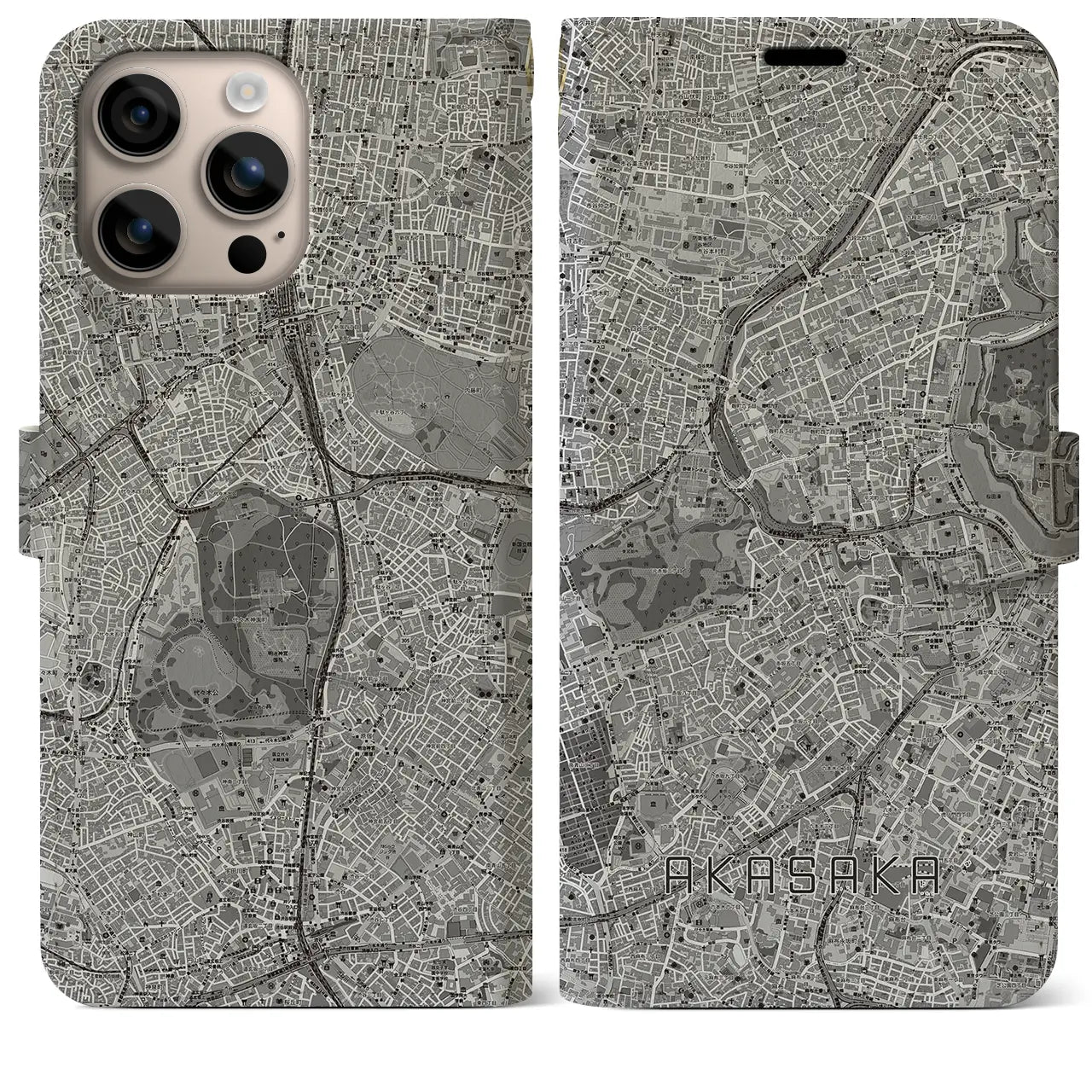【赤坂(東京都)】地図柄iPhoneケース(手帳タイプ)モノトーン・iPhone 16 Plus 用