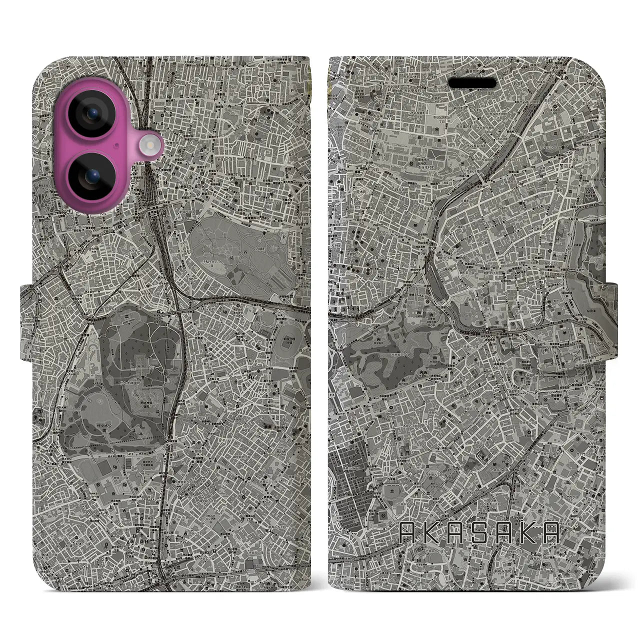 【赤坂(東京都)】地図柄iPhoneケース(手帳タイプ)モノトーン・iPhone 16 Pro 用