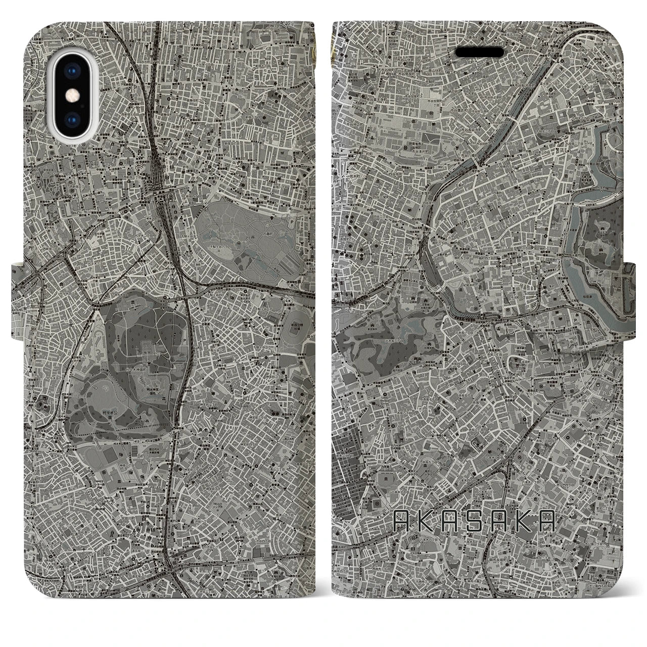 【赤坂(東京都)】地図柄iPhoneケース(手帳タイプ)モノトーン・iPhone XS Max 用