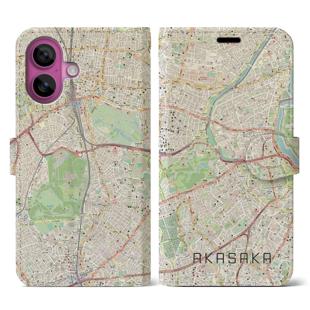 【赤坂(東京都)】地図柄iPhoneケース(手帳タイプ)ナチュラル・iPhone 16 Pro 用