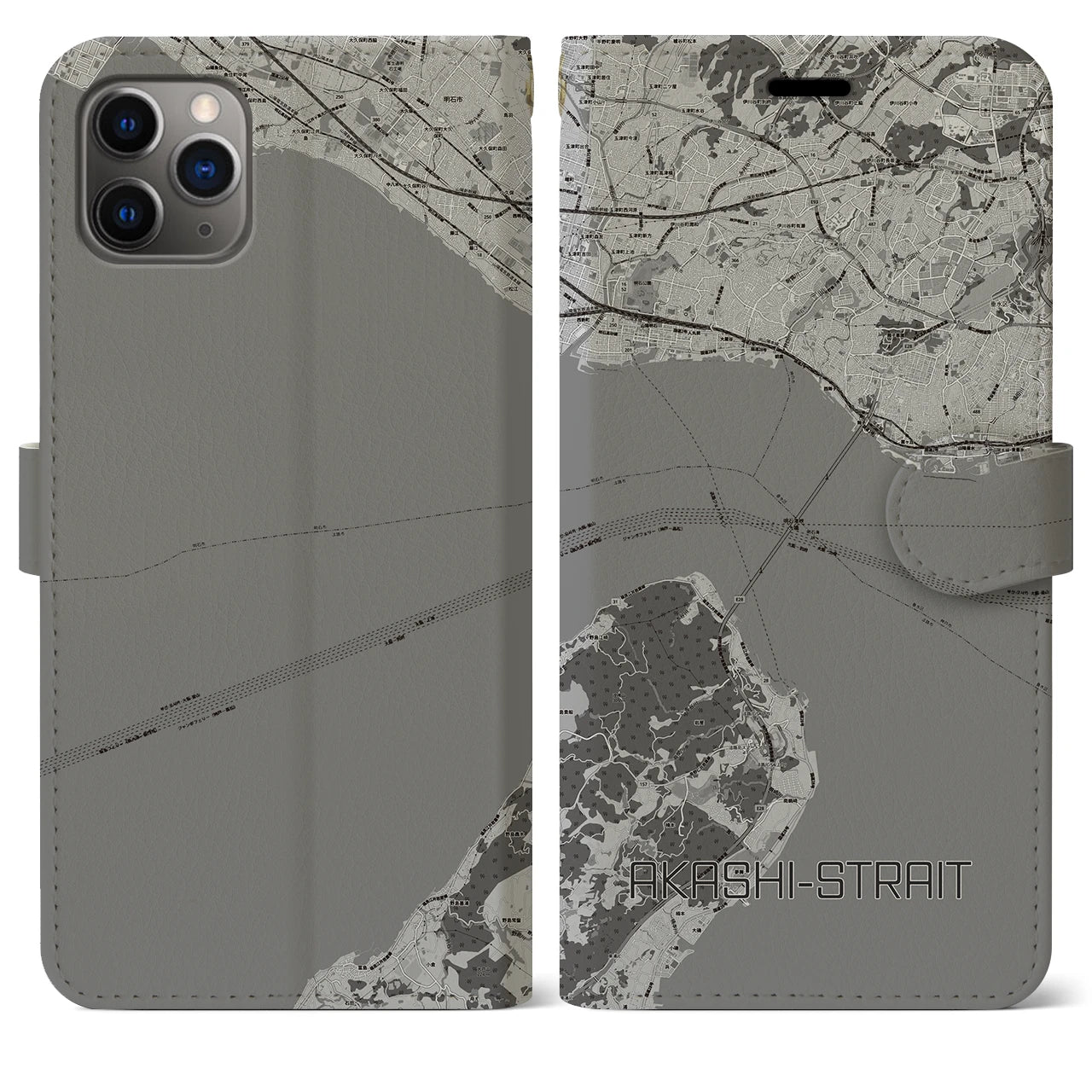 【明石海峡(兵庫県)】地図柄iPhoneケース(手帳タイプ)モノトーン・iPhone 11 Pro Max 用