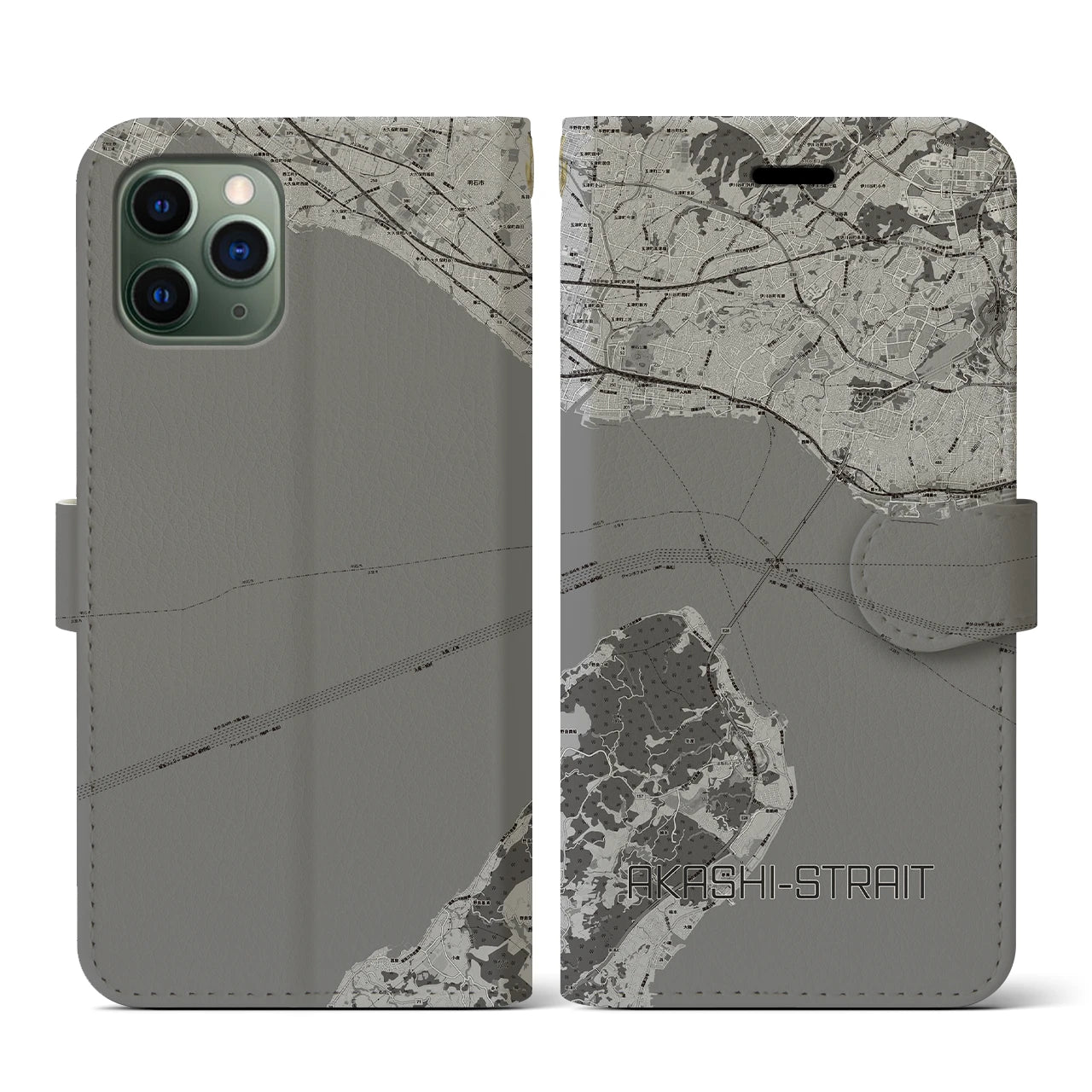 【明石海峡(兵庫県)】地図柄iPhoneケース(手帳タイプ)モノトーン・iPhone 11 Pro 用
