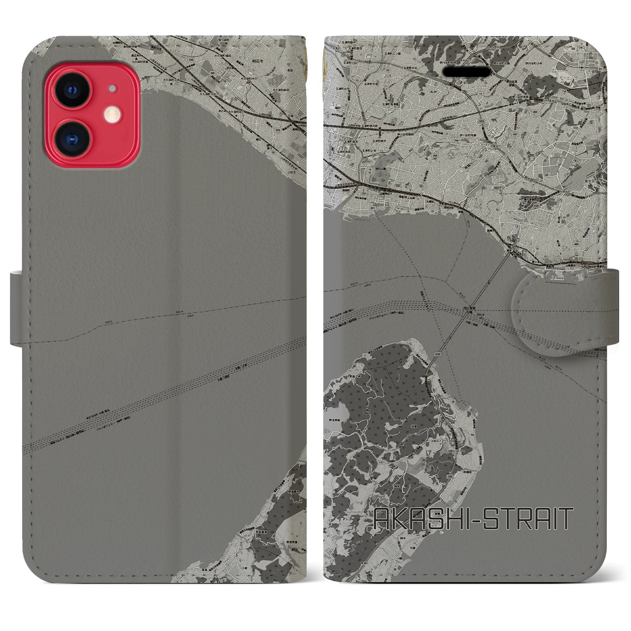 【明石海峡(兵庫県)】地図柄iPhoneケース(手帳タイプ)モノトーン・iPhone 11 用