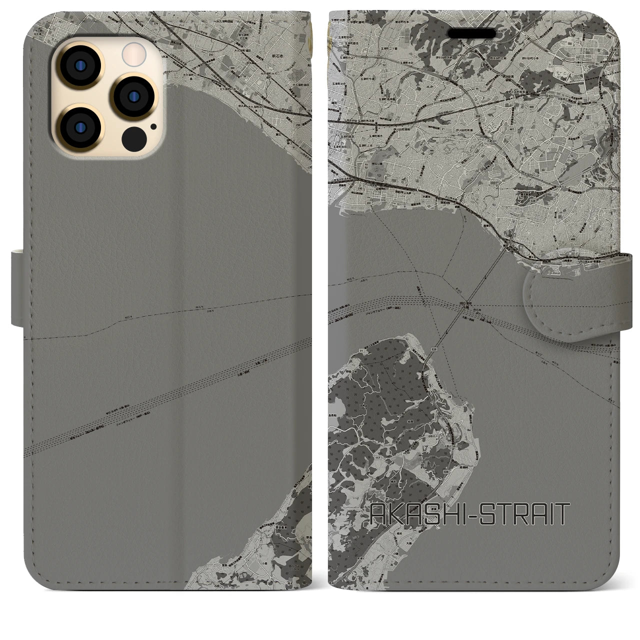【明石海峡(兵庫県)】地図柄iPhoneケース(手帳タイプ)モノトーン・iPhone 12 Pro Max 用