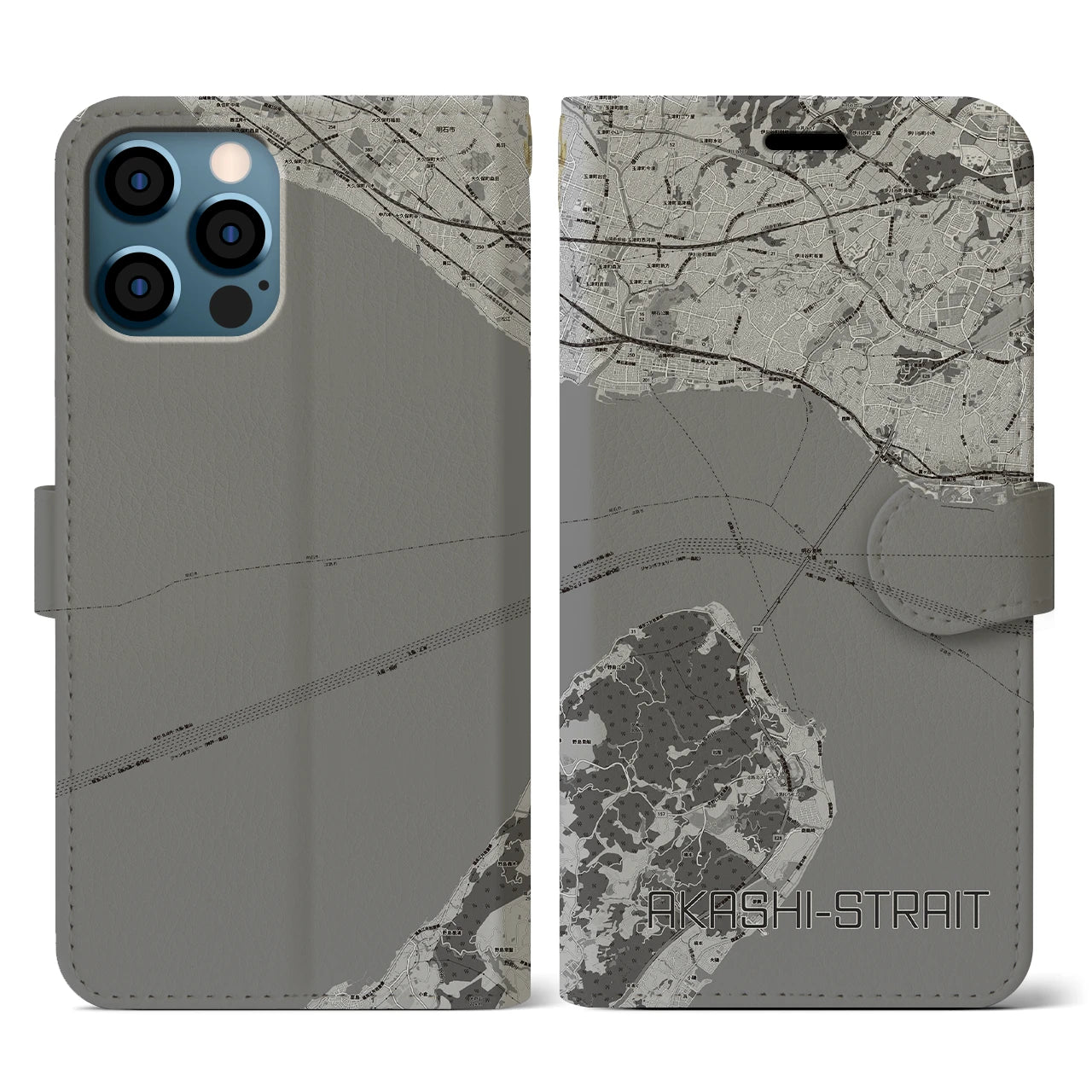 【明石海峡(兵庫県)】地図柄iPhoneケース(手帳タイプ)モノトーン・iPhone 12 / 12 Pro 用