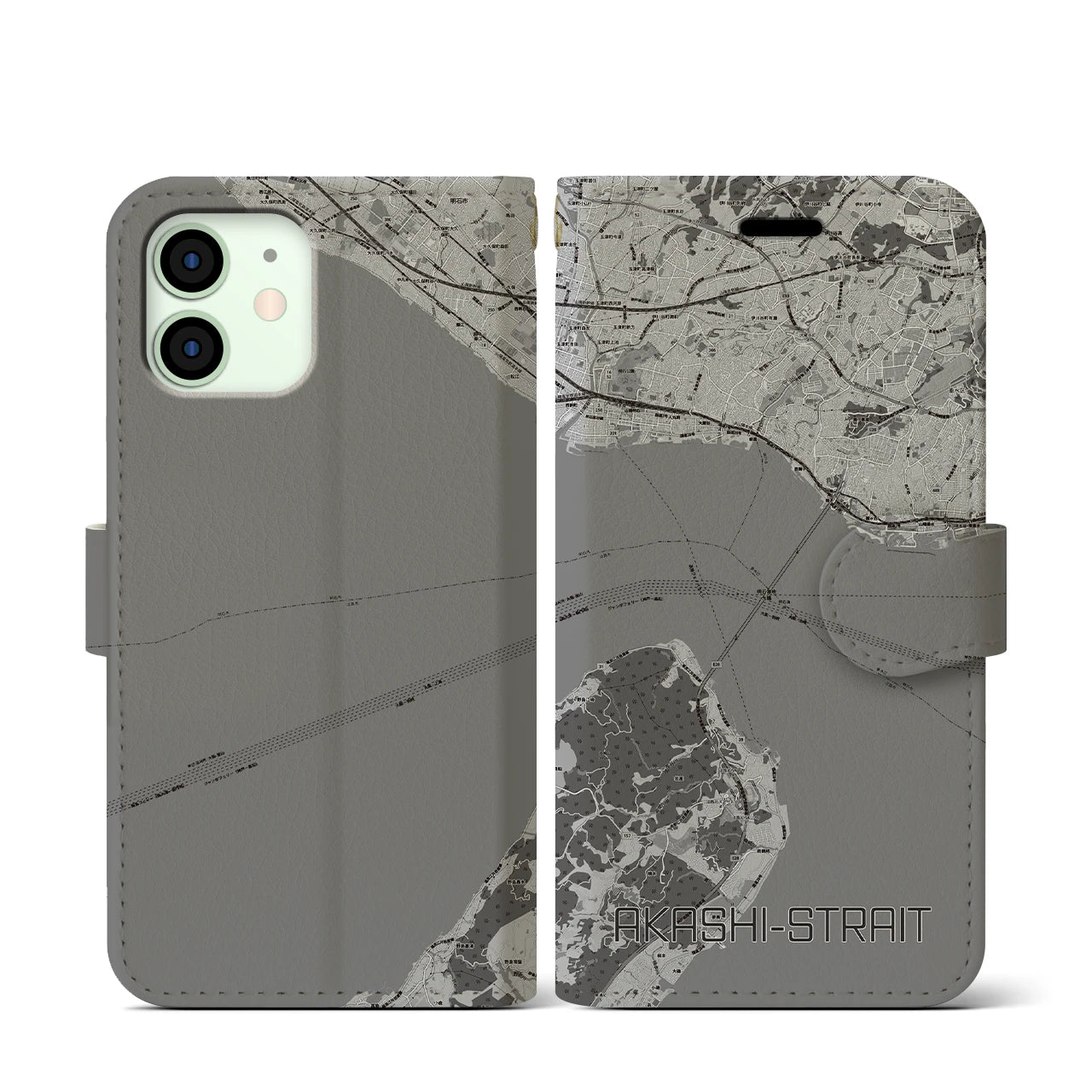 【明石海峡(兵庫県)】地図柄iPhoneケース(手帳タイプ)モノトーン・iPhone 12 mini 用