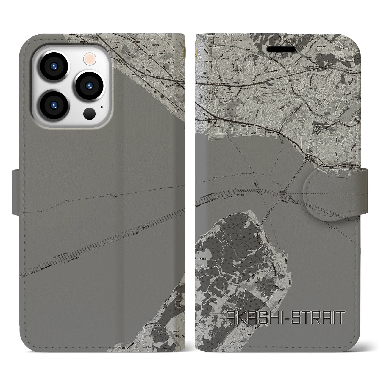 【明石海峡(兵庫県)】地図柄iPhoneケース(手帳タイプ)モノトーン・iPhone 13 Pro 用