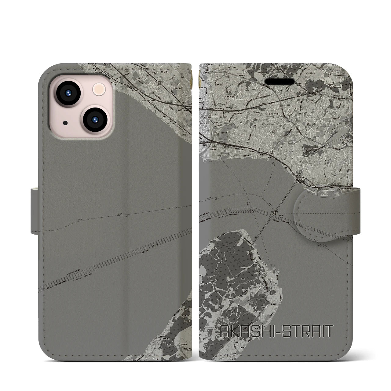 【明石海峡(兵庫県)】地図柄iPhoneケース(手帳タイプ)モノトーン・iPhone 13 mini 用