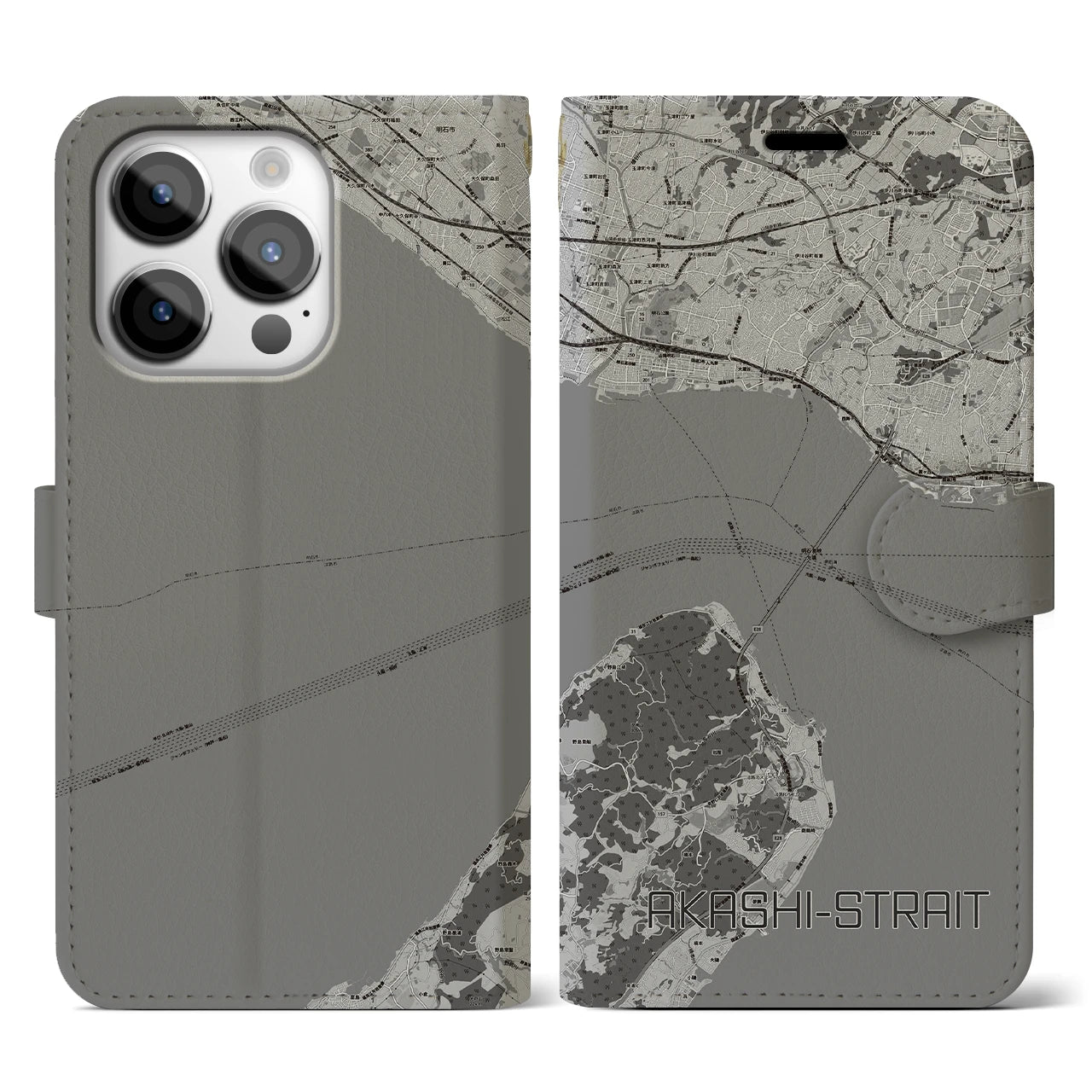【明石海峡(兵庫県)】地図柄iPhoneケース(手帳タイプ)モノトーン・iPhone 14 Pro 用