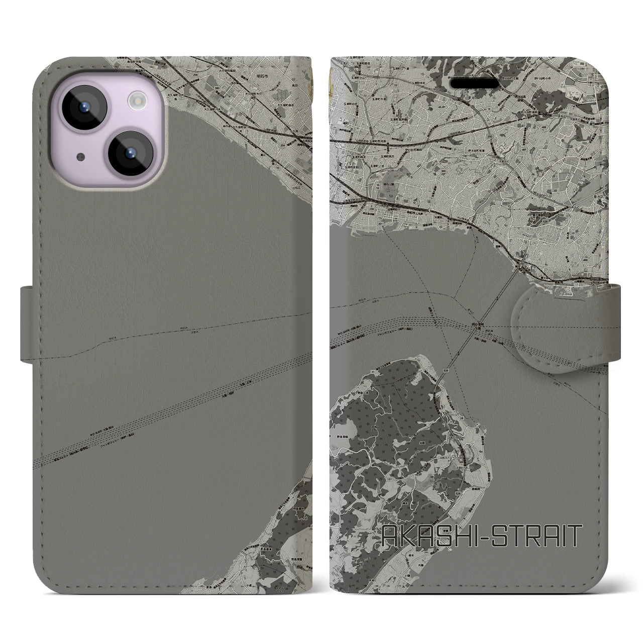 【明石海峡(兵庫県)】地図柄iPhoneケース(手帳タイプ)モノトーン・iPhone 14 用
