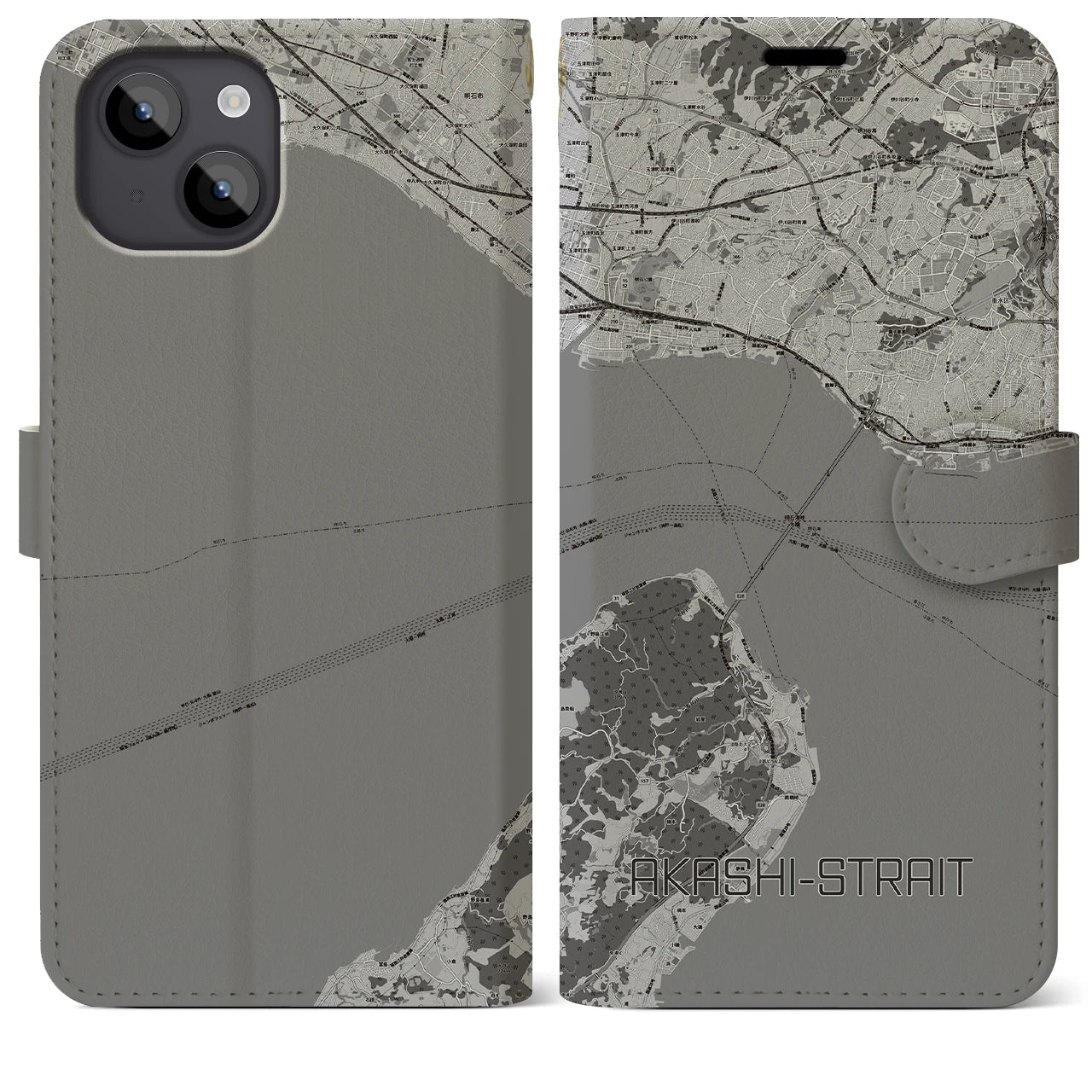 【明石海峡(兵庫県)】地図柄iPhoneケース(手帳タイプ)モノトーン・iPhone 14 Plus 用