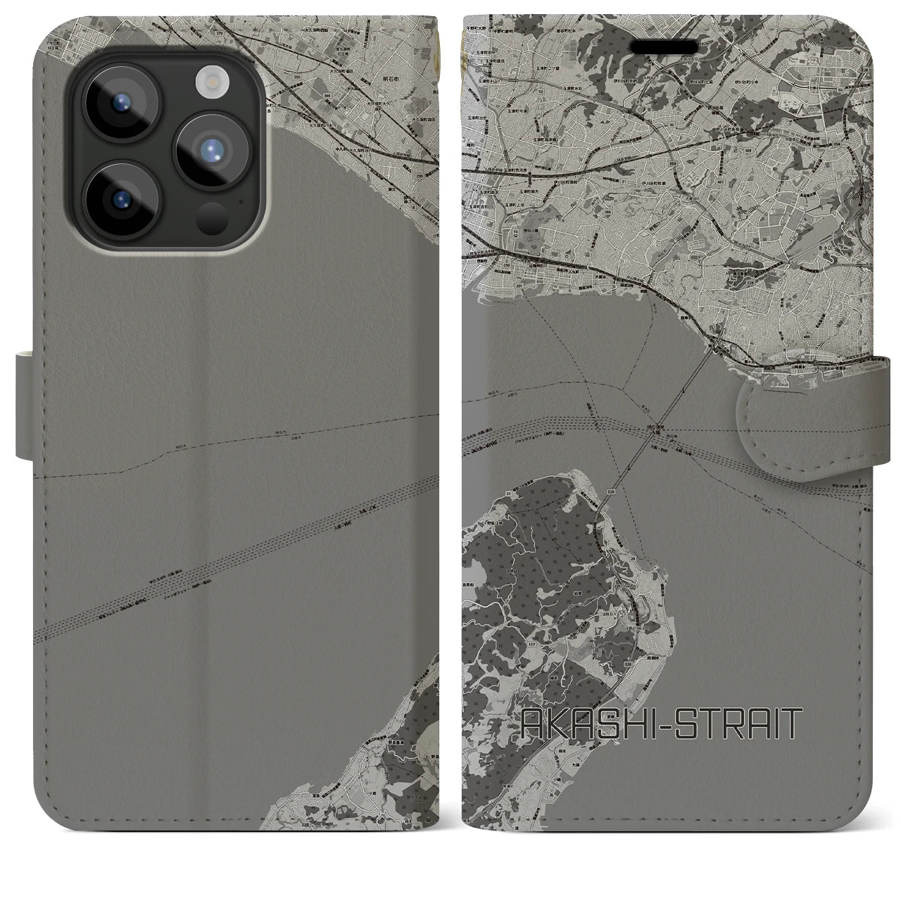 【明石海峡(兵庫県)】地図柄iPhoneケース(手帳タイプ)モノトーン・iPhone 15 Pro Max 用