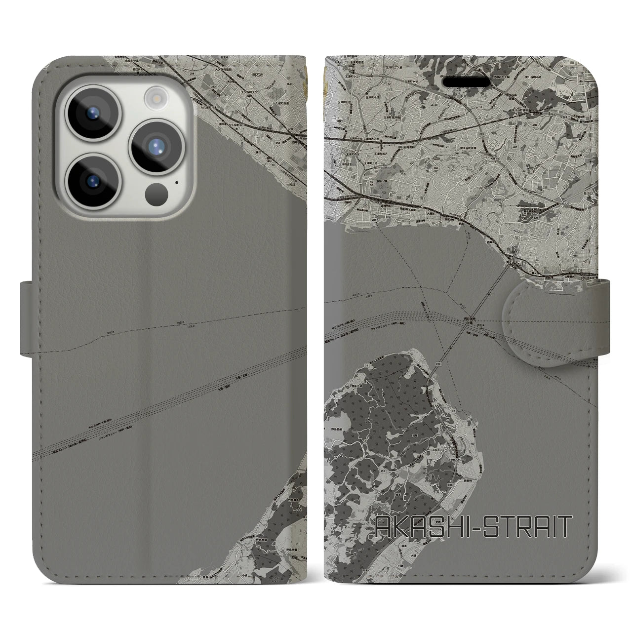 【明石海峡(兵庫県)】地図柄iPhoneケース(手帳タイプ)モノトーン・iPhone 15 Pro 用
