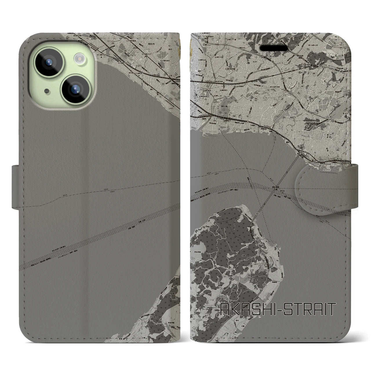 【明石海峡(兵庫県)】地図柄iPhoneケース(手帳タイプ)モノトーン・iPhone 15 用
