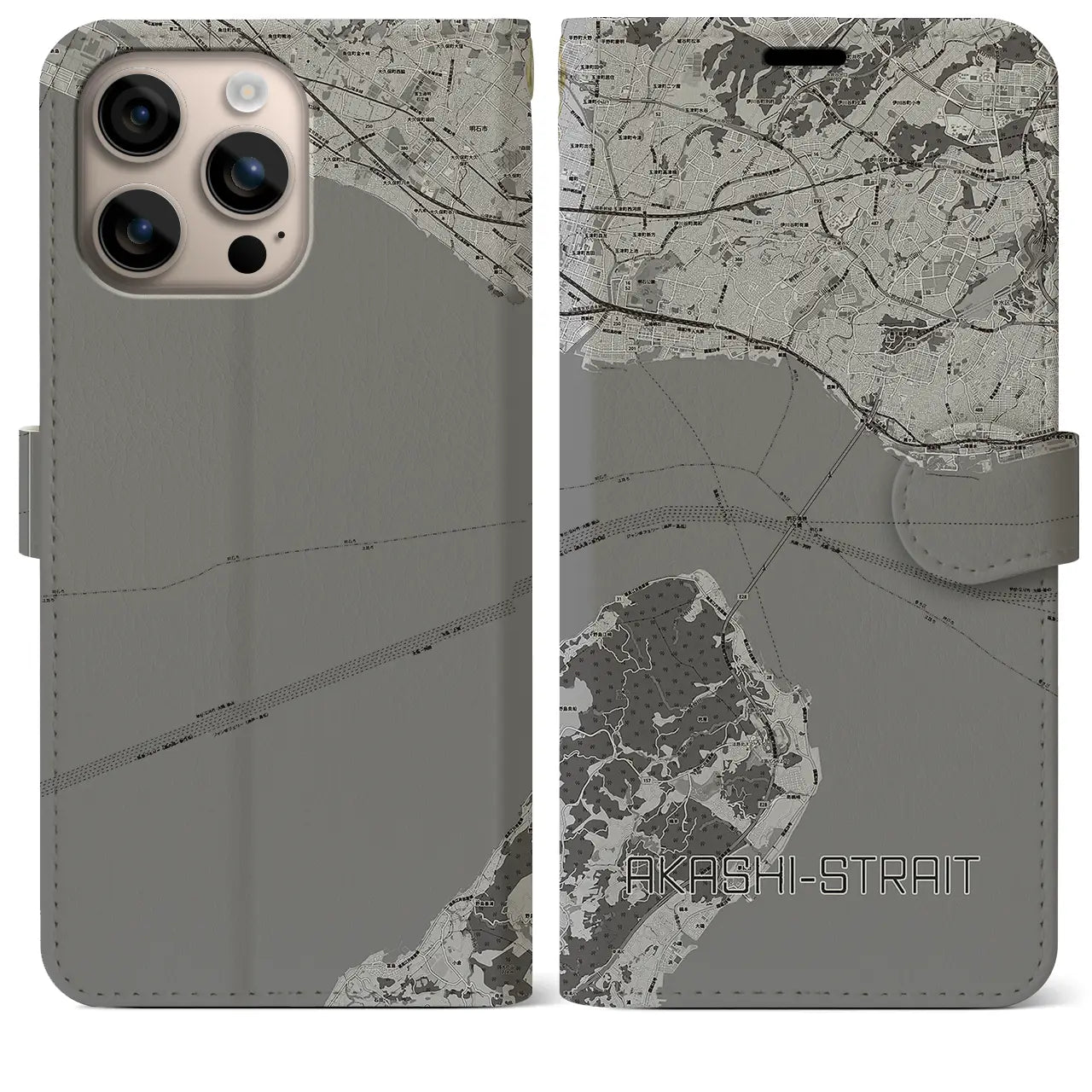 【明石海峡(兵庫県)】地図柄iPhoneケース(手帳タイプ)モノトーン・iPhone 16 Plus 用
