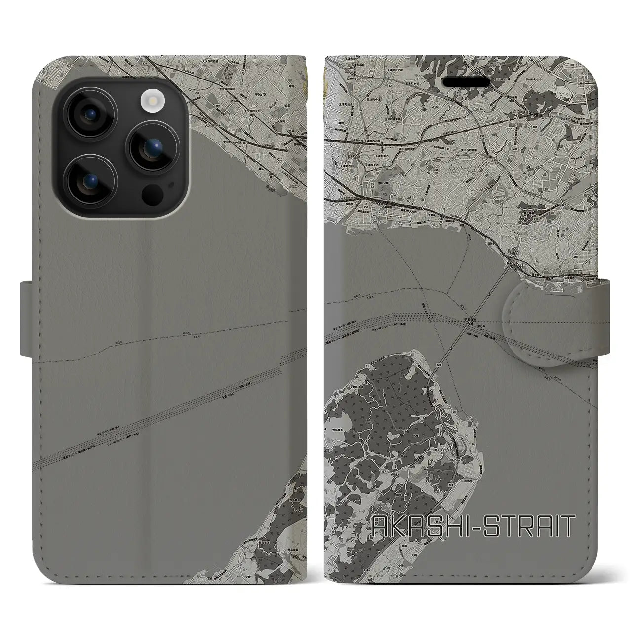 【明石海峡(兵庫県)】地図柄iPhoneケース(手帳タイプ)モノトーン・iPhone 16 用
