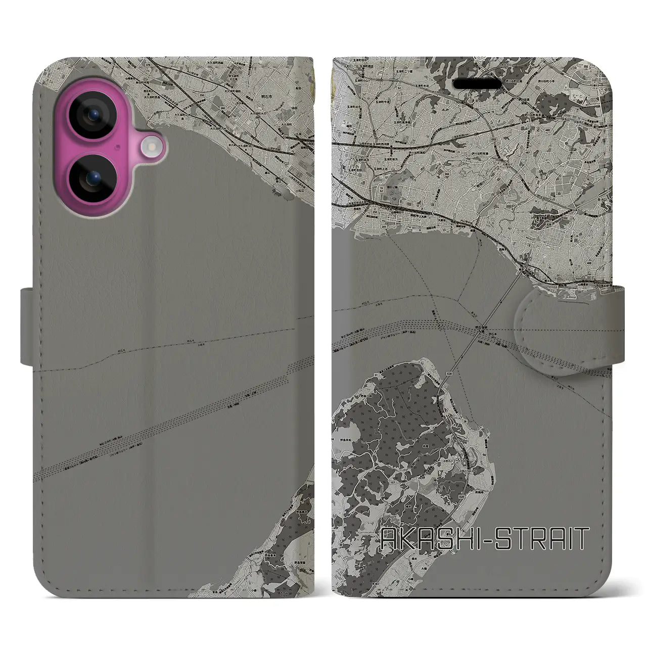 【明石海峡(兵庫県)】地図柄iPhoneケース(手帳タイプ)モノトーン・iPhone 16 Pro 用
