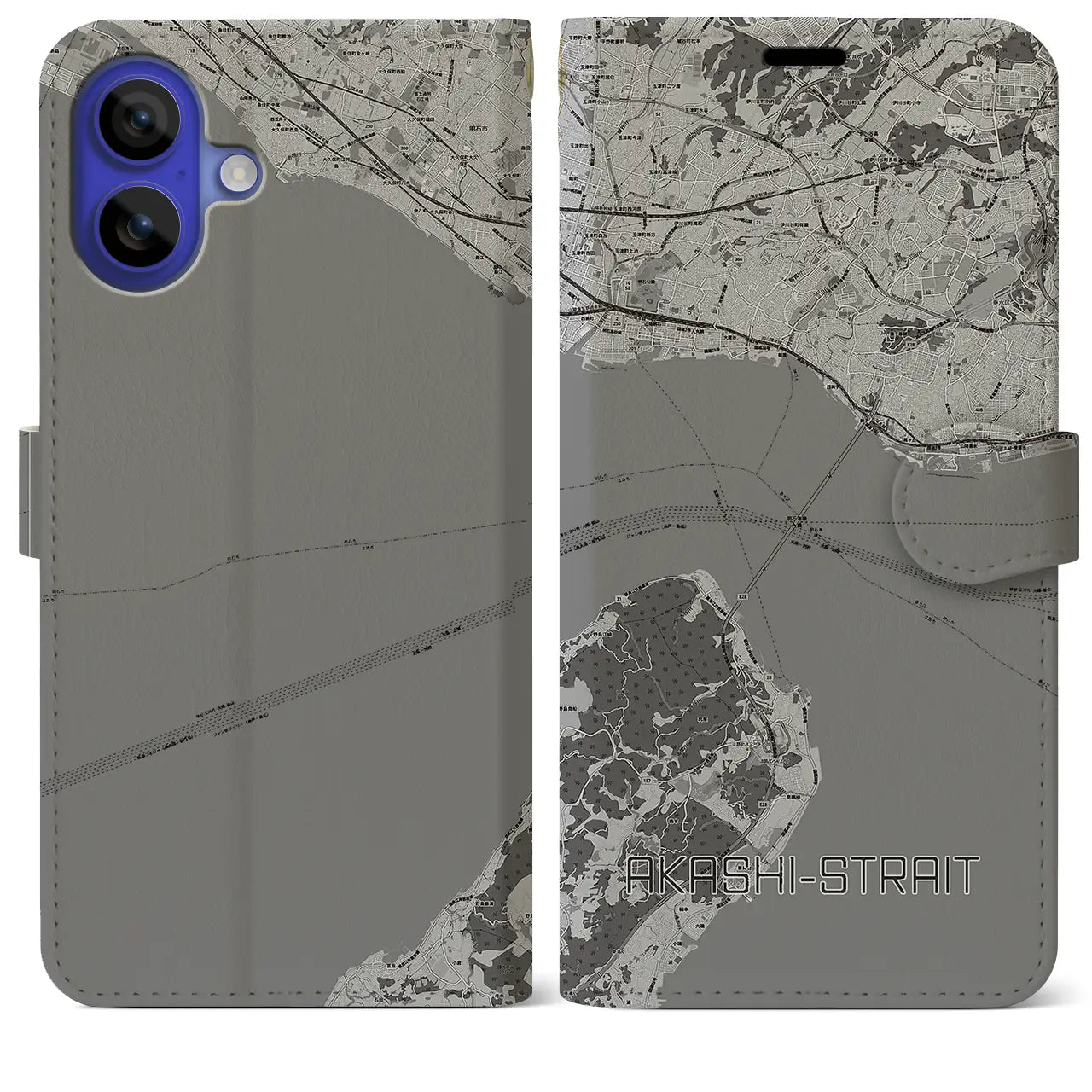 【明石海峡(兵庫県)】地図柄iPhoneケース(手帳タイプ)モノトーン・iPhone 16 Pro Max 用