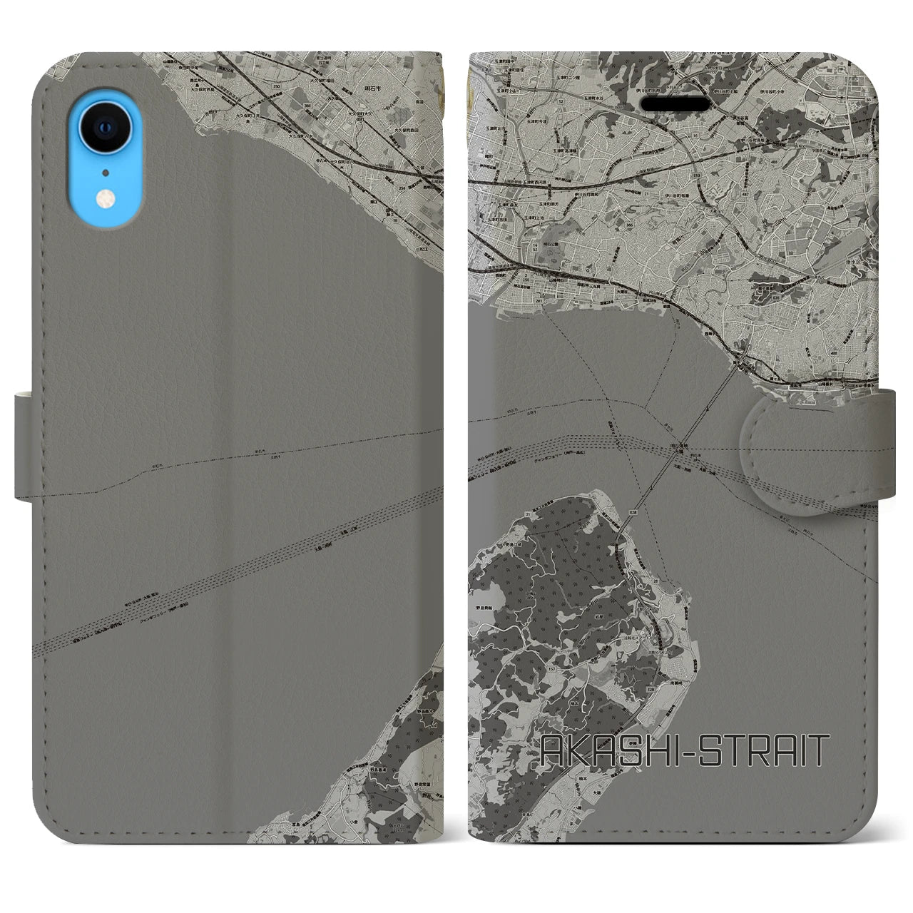 【明石海峡(兵庫県)】地図柄iPhoneケース(手帳タイプ)モノトーン・iPhone XR 用