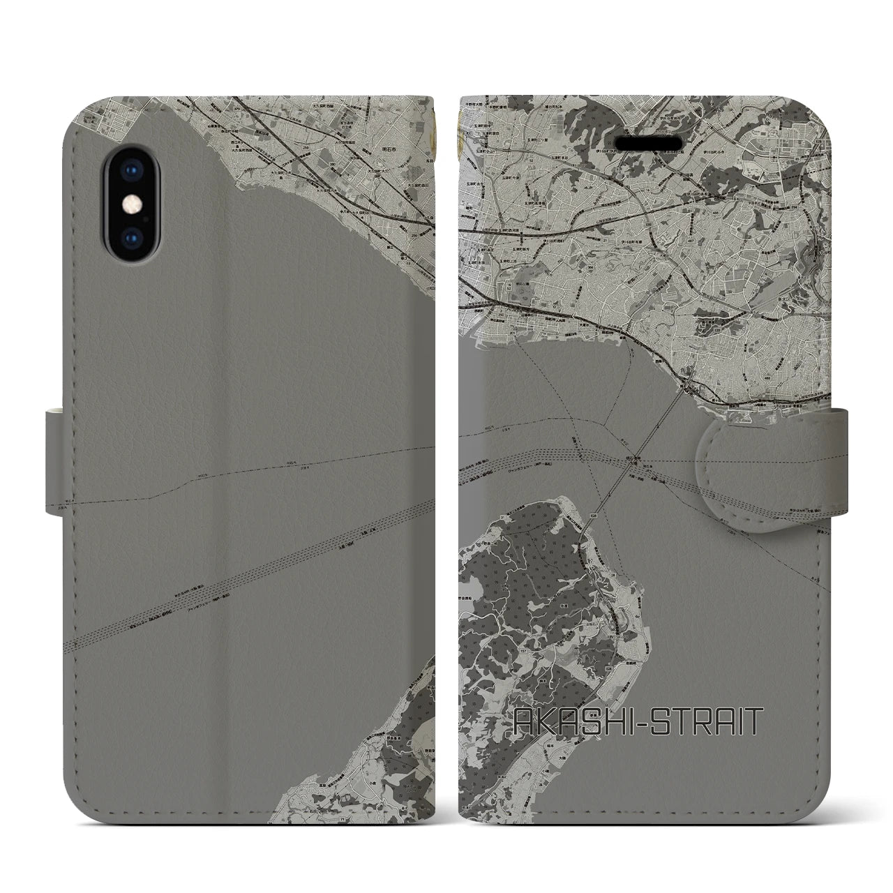 【明石海峡(兵庫県)】地図柄iPhoneケース(手帳タイプ)モノトーン・iPhone XS / X 用