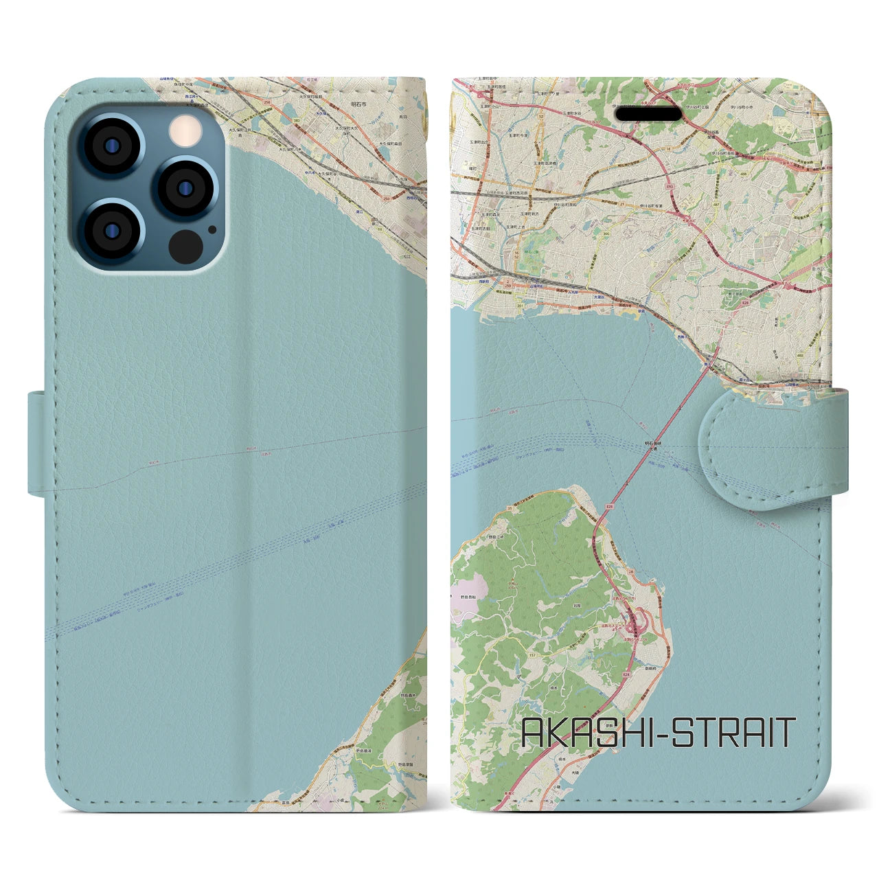【明石海峡(兵庫県)】地図柄iPhoneケース(手帳タイプ)ナチュラル・iPhone 12 / 12 Pro 用