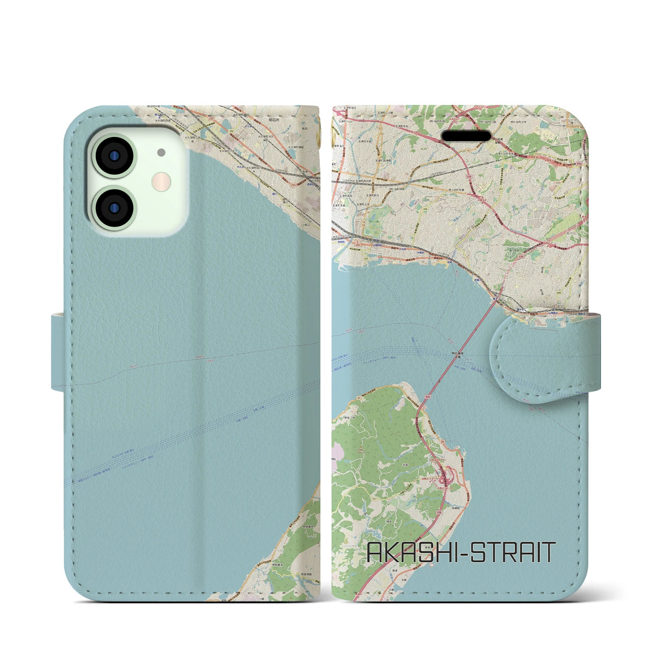 【明石海峡(兵庫県)】地図柄iPhoneケース(手帳タイプ)ナチュラル・iPhone 12 mini 用