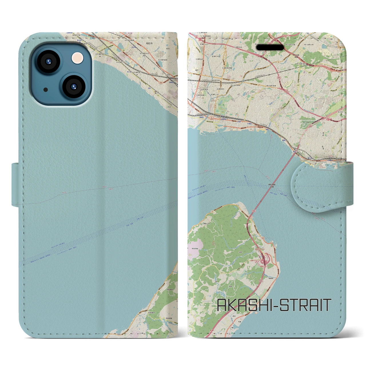 【明石海峡(兵庫県)】地図柄iPhoneケース(手帳タイプ)ナチュラル・iPhone 13 用