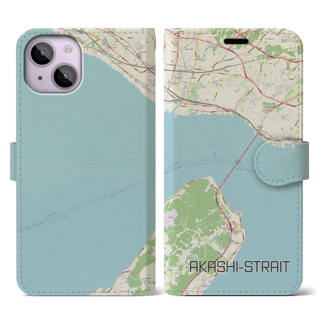 【明石海峡(兵庫県)】地図柄iPhoneケース(手帳タイプ)ナチュラル・iPhone 14 用