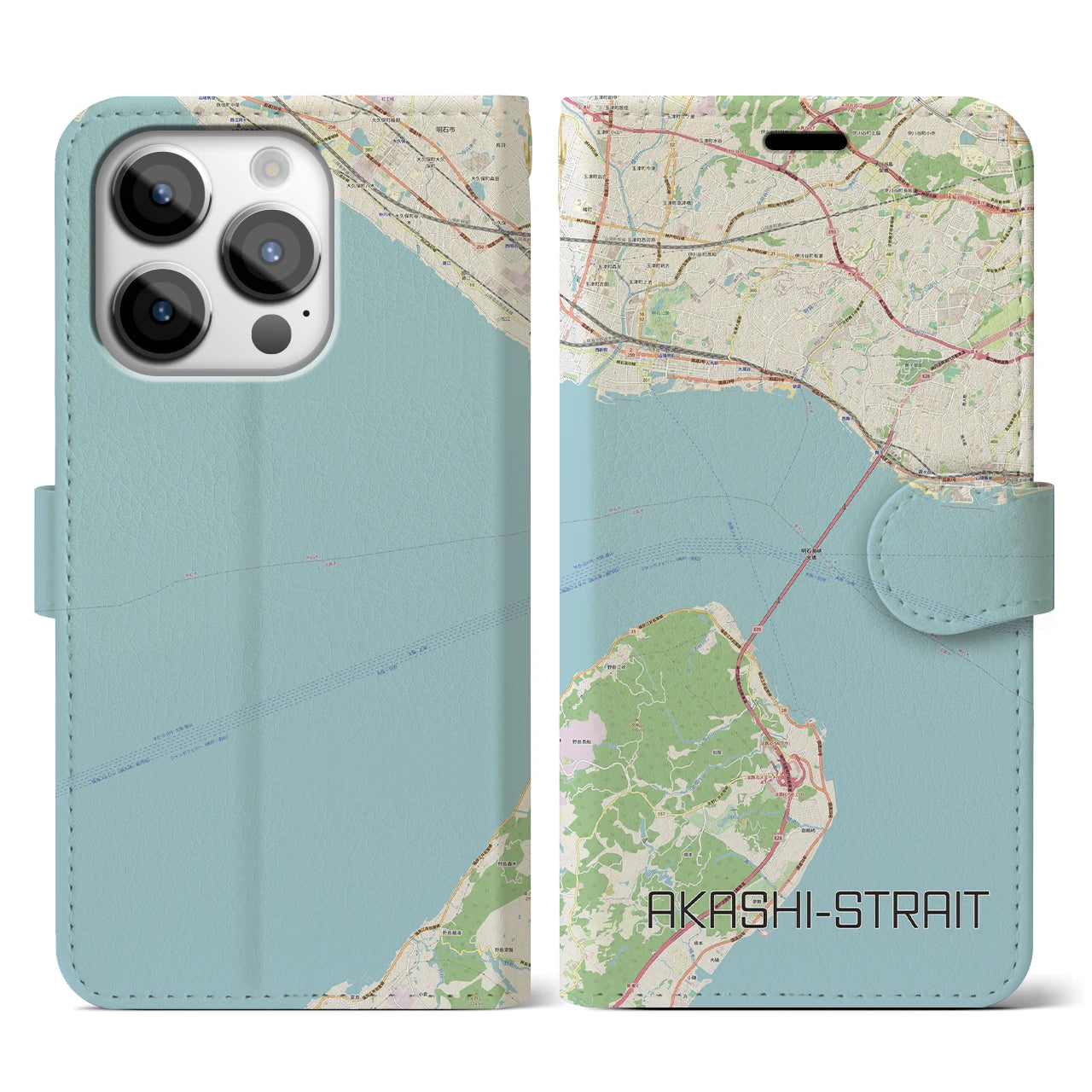 【明石海峡(兵庫県)】地図柄iPhoneケース(手帳タイプ)ナチュラル・iPhone 14 Pro 用