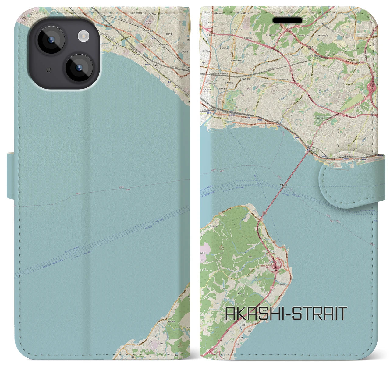 【明石海峡(兵庫県)】地図柄iPhoneケース(手帳タイプ)ナチュラル・iPhone 14 Plus 用