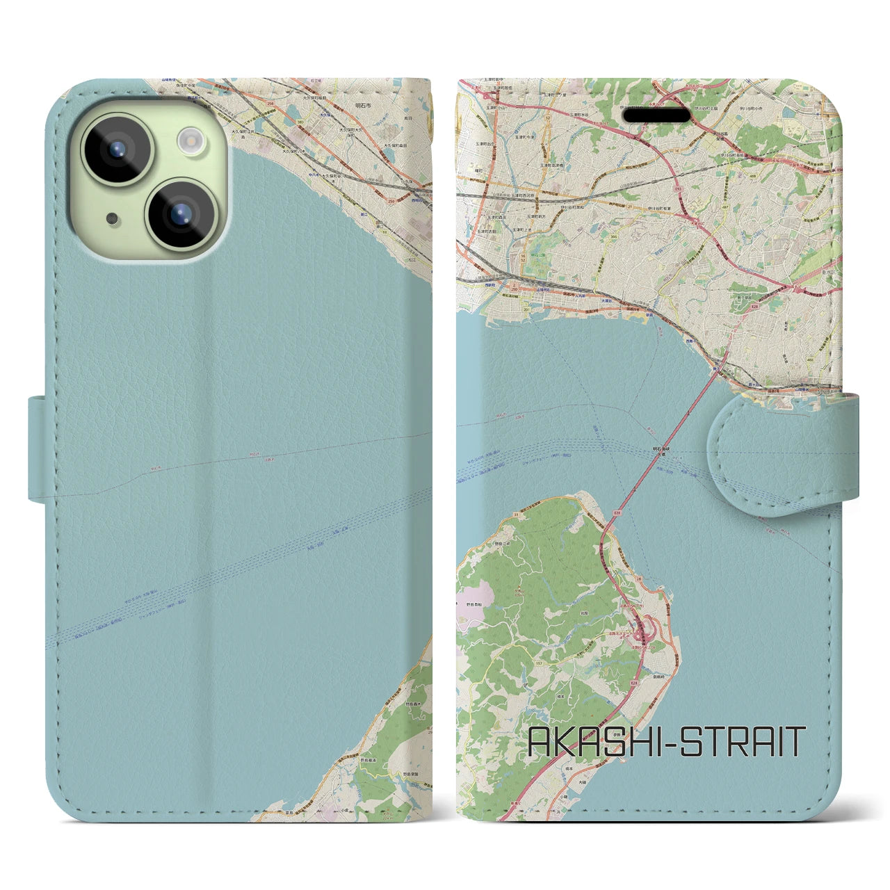 【明石海峡(兵庫県)】地図柄iPhoneケース(手帳タイプ)ナチュラル・iPhone 15 用