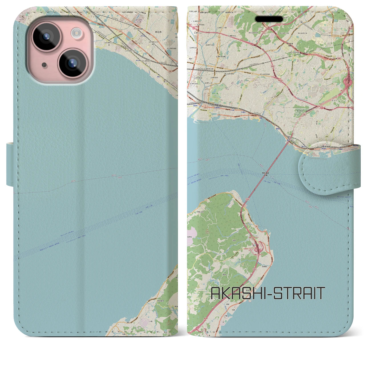 【明石海峡(兵庫県)】地図柄iPhoneケース(手帳タイプ)ナチュラル・iPhone 15 Plus 用